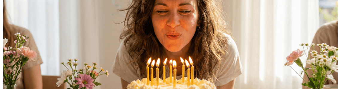Frau bläst Kerzen auf Geburtstagskuchen aus