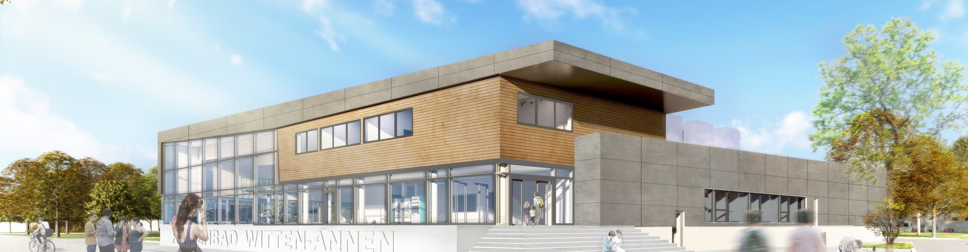 Ansicht der Vorderseite des geplanten Neubaus Hallenbad Witten-Annen