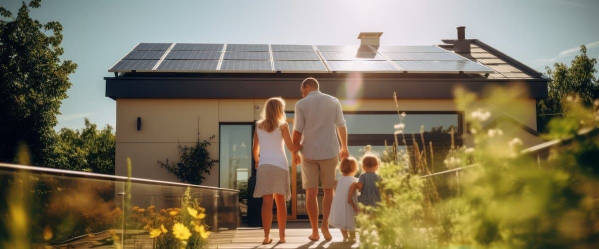 Familie geht zu Einfamilienhaus mit Photovoltaik-Anlage. PV-Förderung und Zuschüsse bei Stadtwerke Witten sichern.