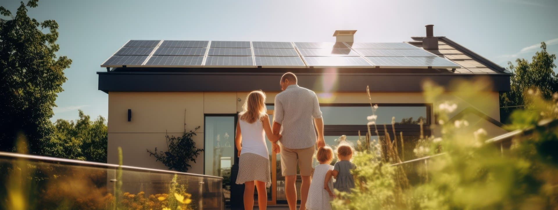 Familie läuft auf Haus mit Solaranlage zu
