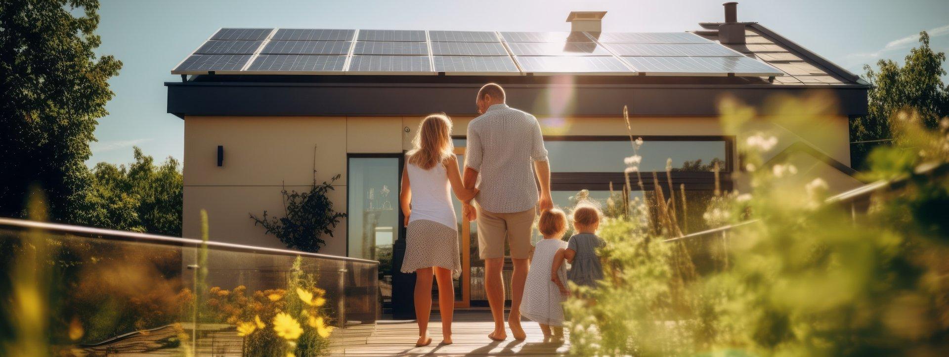 Familie läuft auf Haus mit Solaranlage zu
