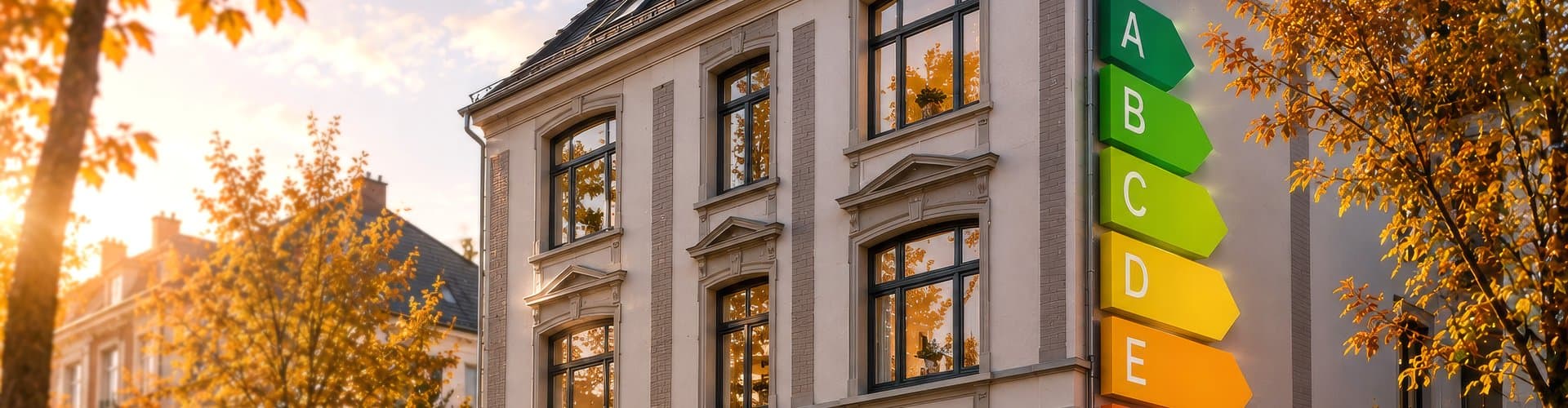 Wohnhaus mit grafisch dargestellten Energieeffizienzstufen