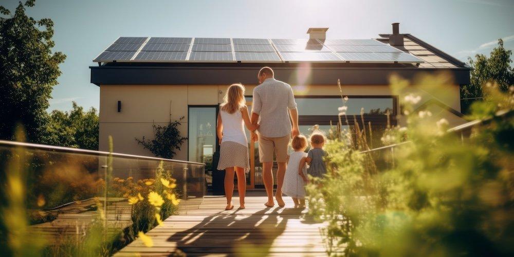 Familie läuft auf Haus mit Solaranlage zu